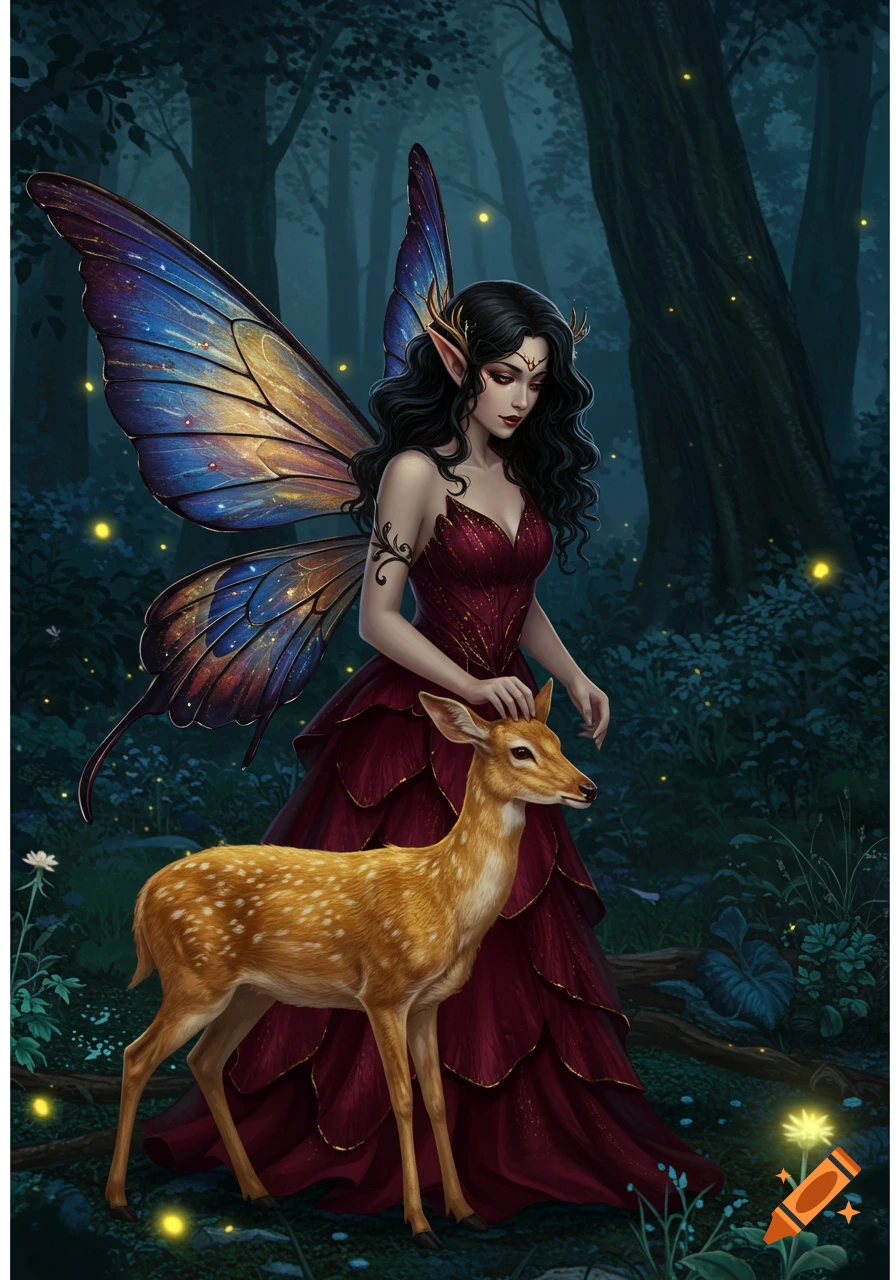 A dark-haired fairy with blue, gold, and purple wings pets a golden deer in an enchanted forest.