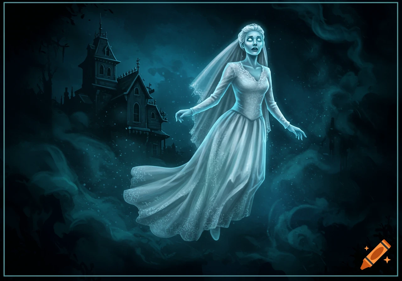 A ghostly bride in a white wedding dress floats with a blue-green glow in front of a dark, haunted mansion at night, in an illustrative style.