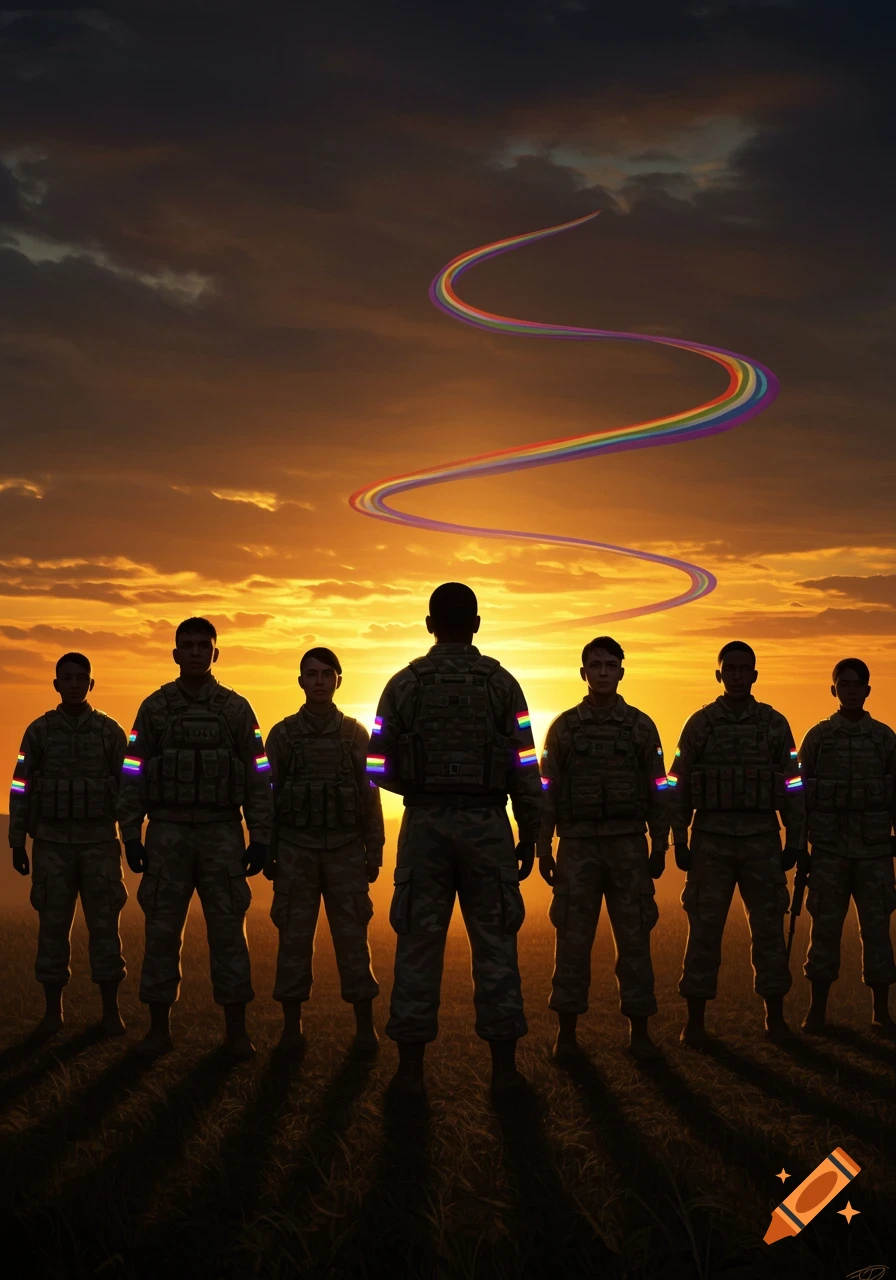 LGBTQ+ soldiers with rainbow armbands stand silhouetted against a vibrant sunset sky with a rainbow trail.