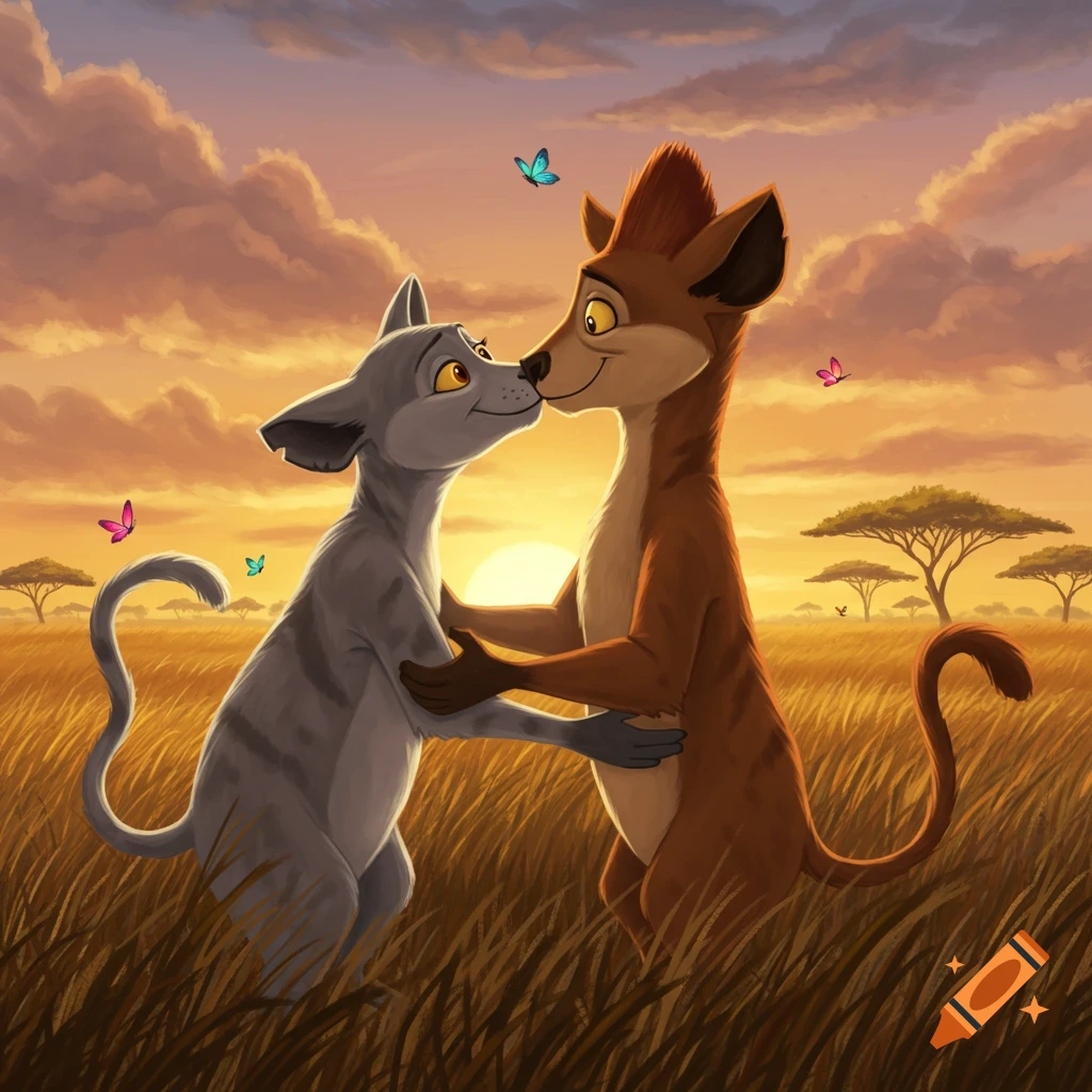Cartoon cat and fox-like creatures nose-to-nose in an embrace at sunset in a savanna with butterflies.