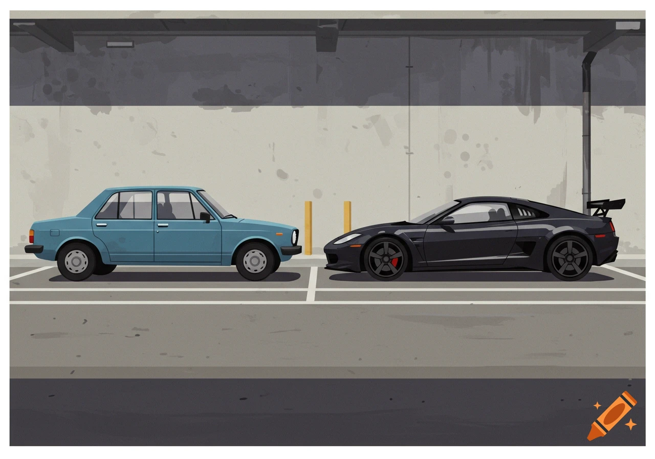 A simple graphic illustration of a light blue sedan and a black sports car parked side-by-side in a garage.