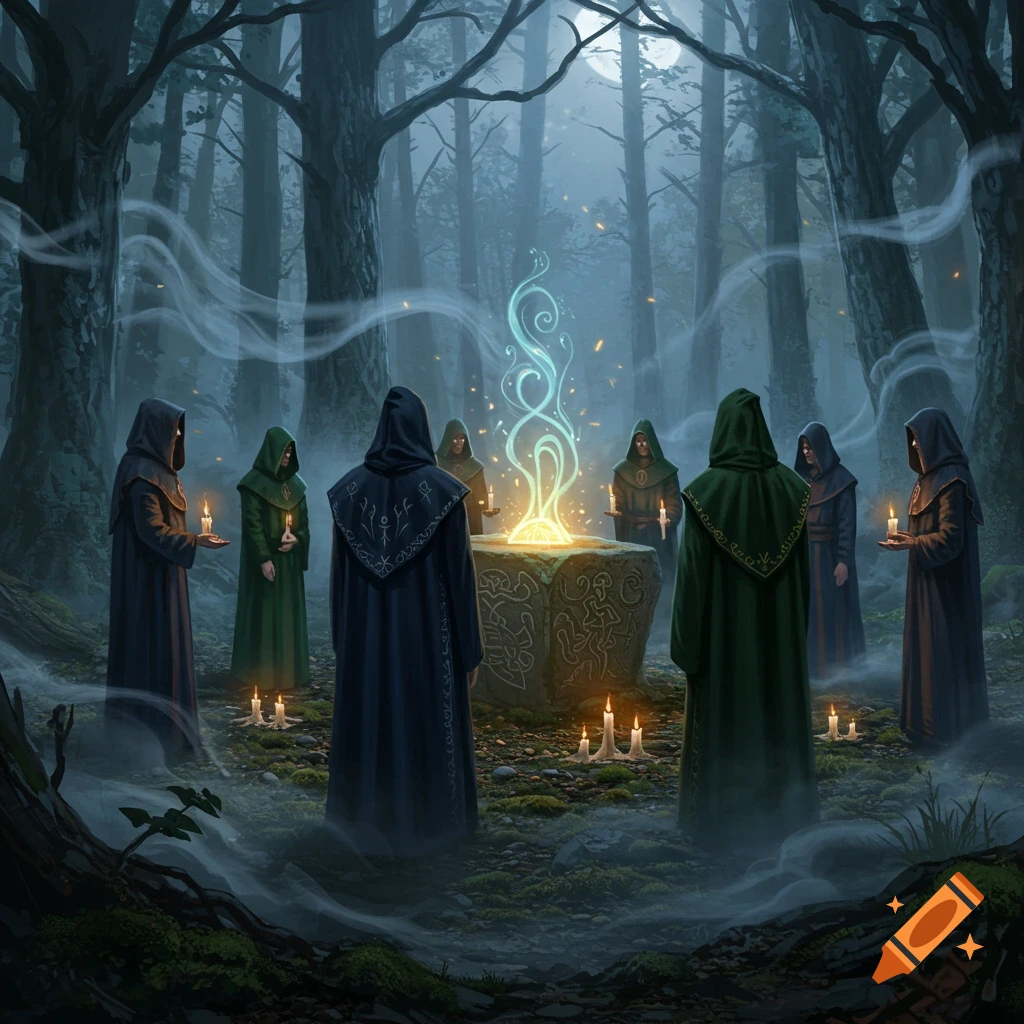 Robed figures gather in a dark, misty forest around a glowing, magical altar with candles, under a full moon, in a digital art style.
