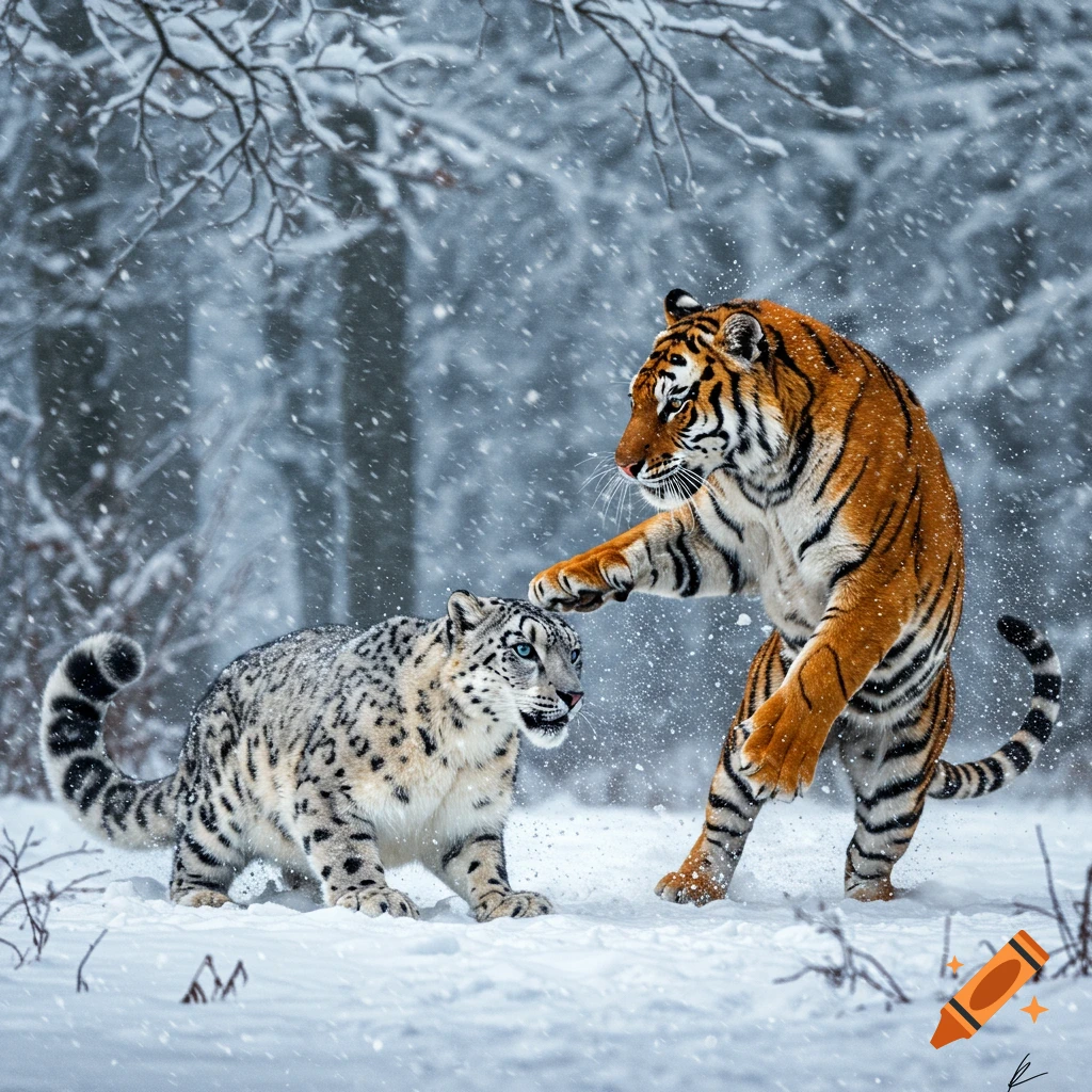 A photorealistic image of a tiger playfully pouncing on a snow leopard amidst falling snow in a winter forest.