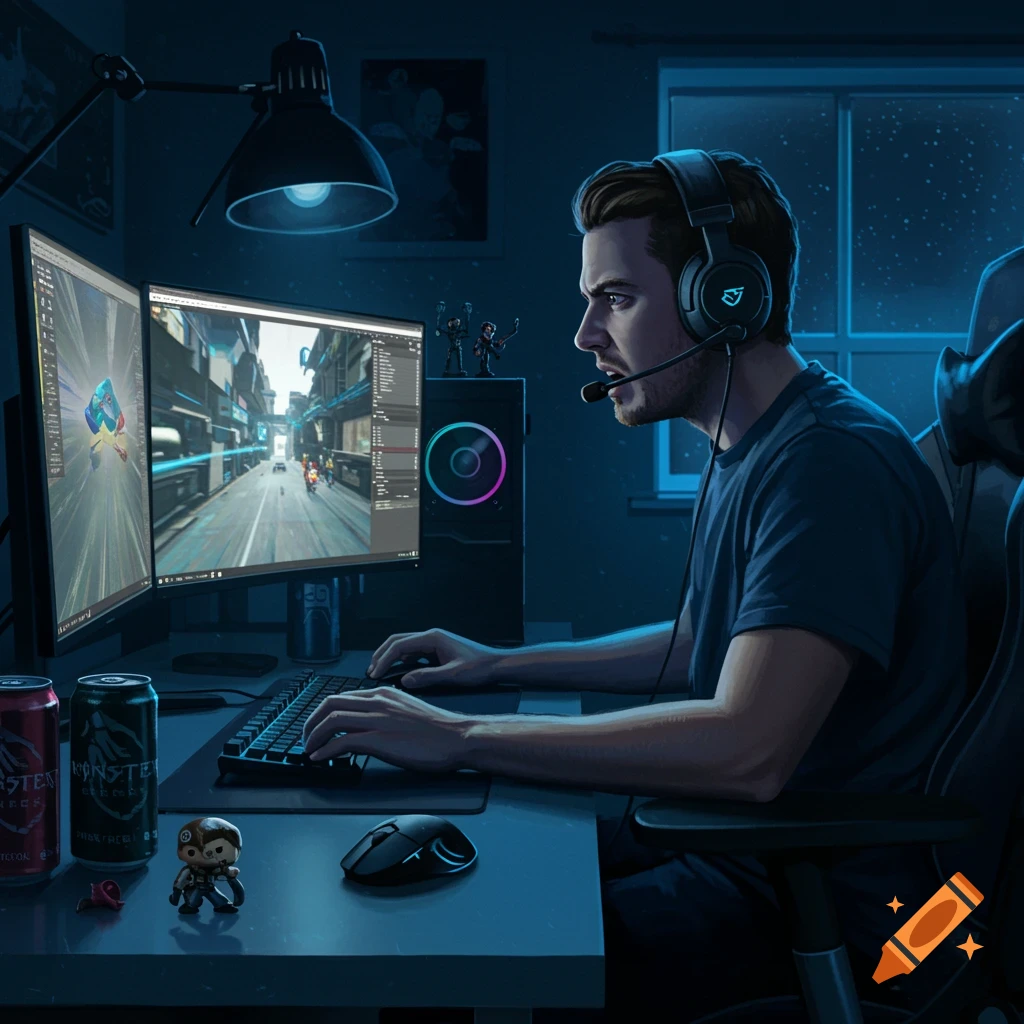 A man wearing a headset sits in a dark room, focused on playing a video game on two computer monitors.