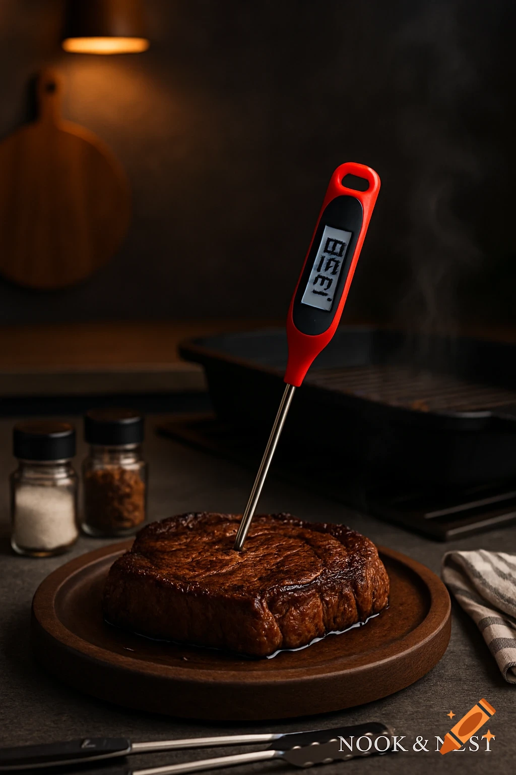 Photorealistic image of a sizzling grilled steak with a digital meat thermometer inserted, on a dark kitchen countertop.