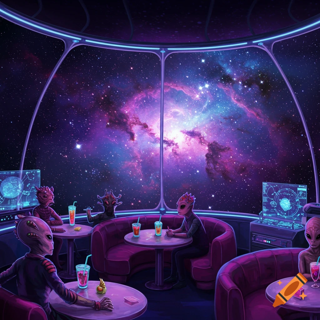 Aliens sit in a futuristic space cafe with large windows overlooking a vibrant purple and blue nebula.