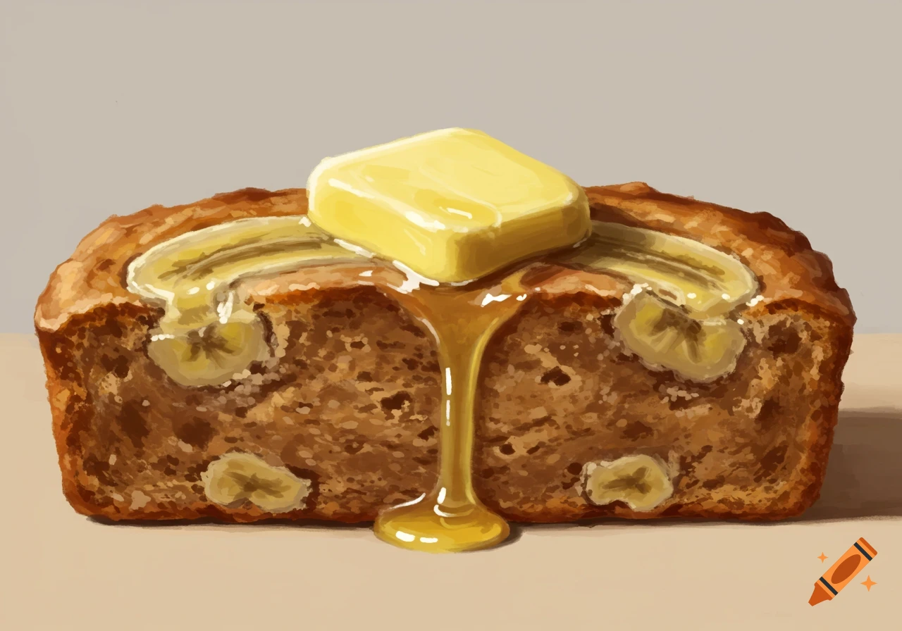 A digital painting of a rectangular slice of banana bread with a melting square of butter and syrup drizzling down.