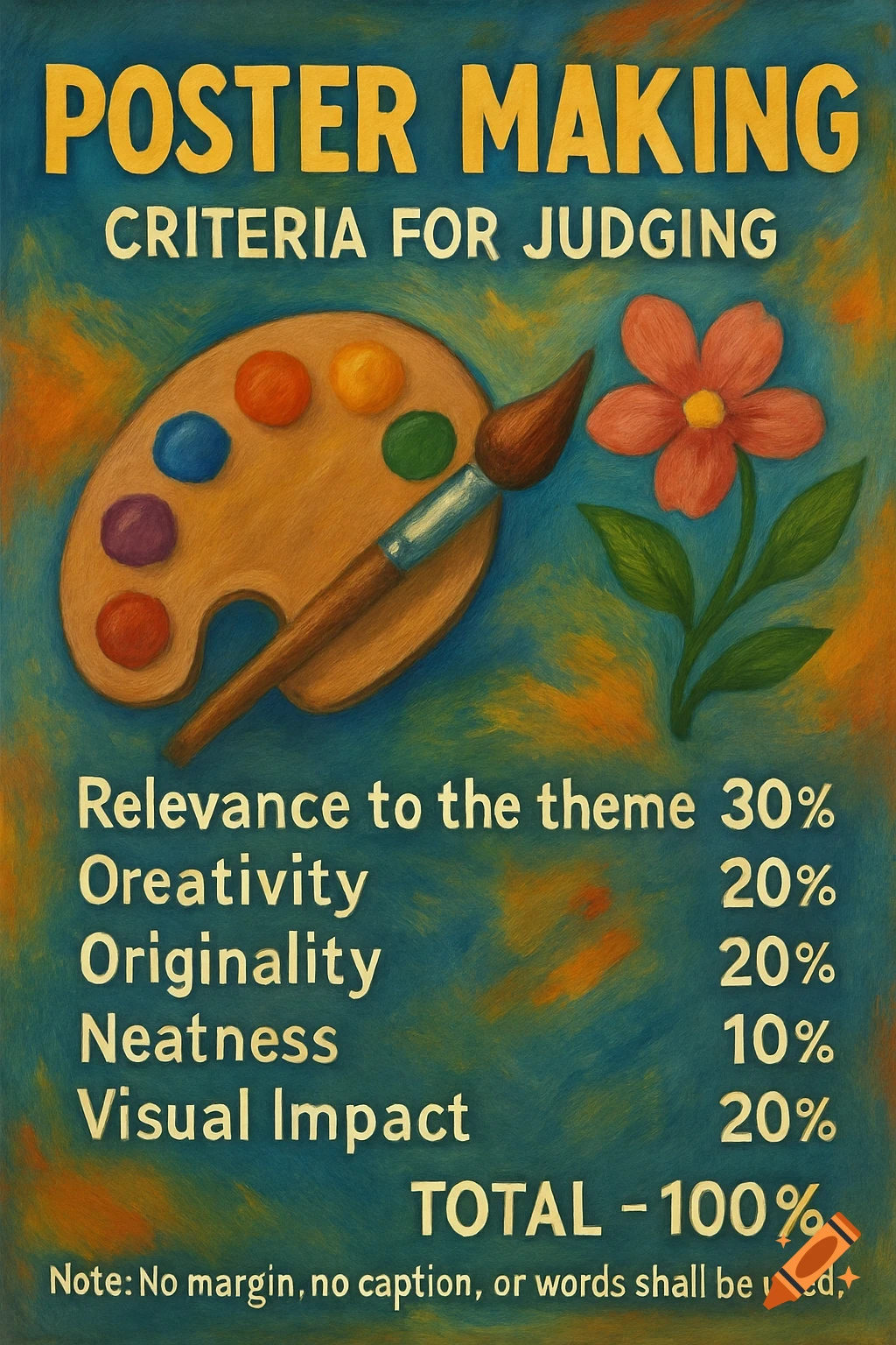 A stylized poster titled "POSTER MAKING CRITERIA FOR JUDGING" with an artist's palette, paintbrush, and a flower. Listed criteria with percentages total 100%.