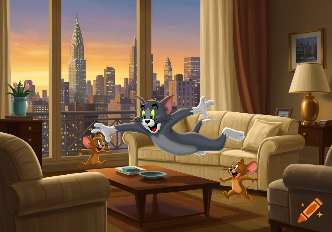 Tom the cat floats in an apartment living room with Jerry the mouse running below, overlooking a New York City sunset.