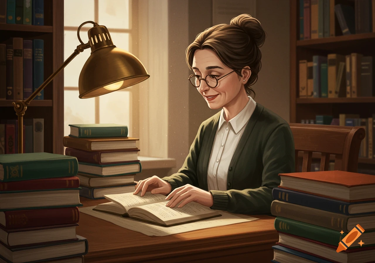 A smiling librarian wearing glasses and a green cardigan reads a book at a desk in a cozy library with stacks of books and a lamp.