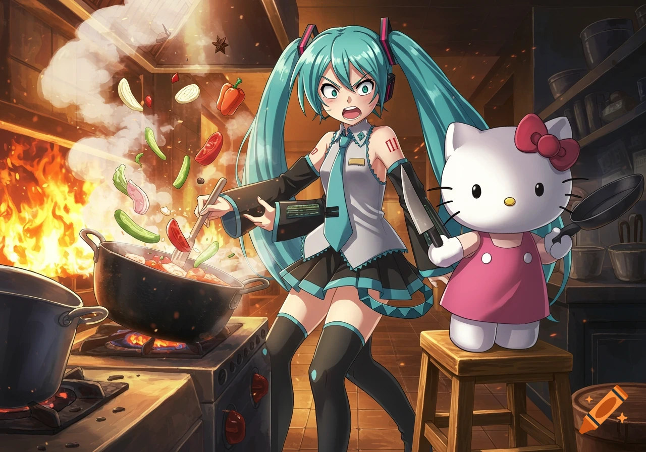Hatsune Miku and Hello Kitty cooking in a chaotic, anime-style kitchen. Miku stirs a pot over flames while Hello Kitty holds a frying pan and knife.