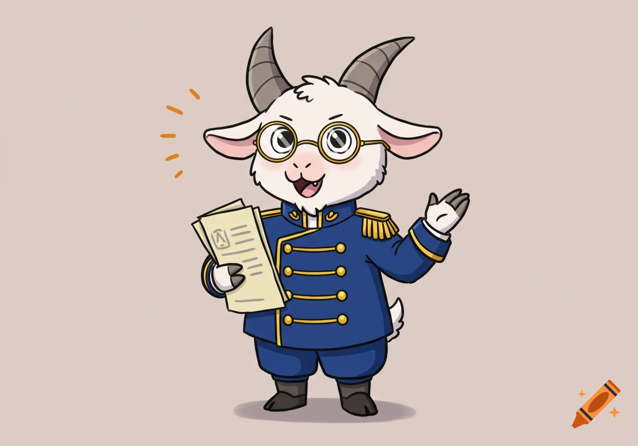 A cartoon anthropomorphic goat in a blue military uniform with gold trim and glasses, holding papers, and waving, in a chibi, simple bold lines style.