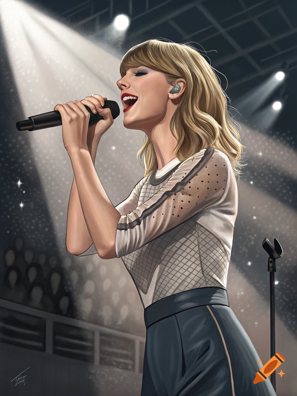 An illustration of Taylor Swift singing into a microphone on a spotlighted stage.