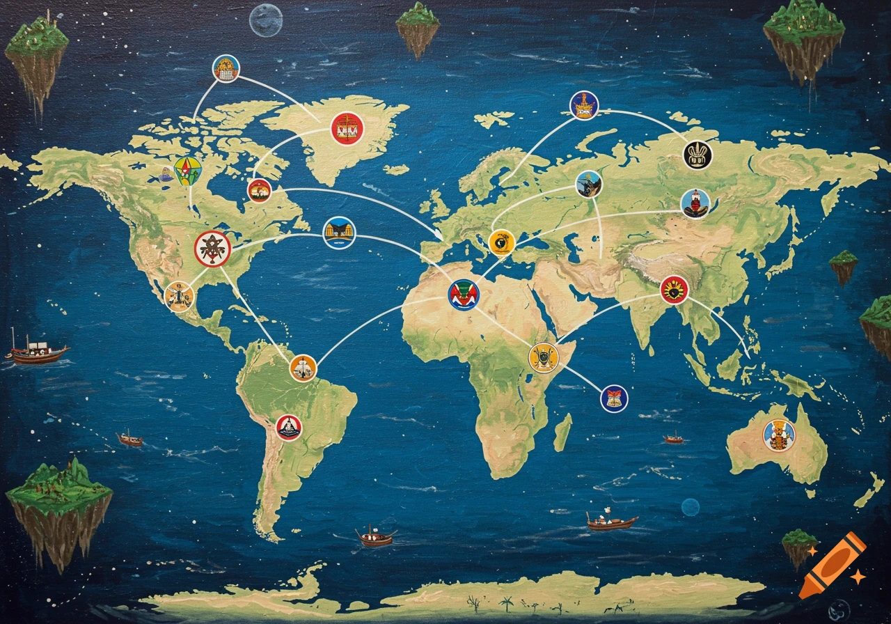 An artistic world map with white lines connecting various circular symbols across continents and oceans, with small boats and floating islands.