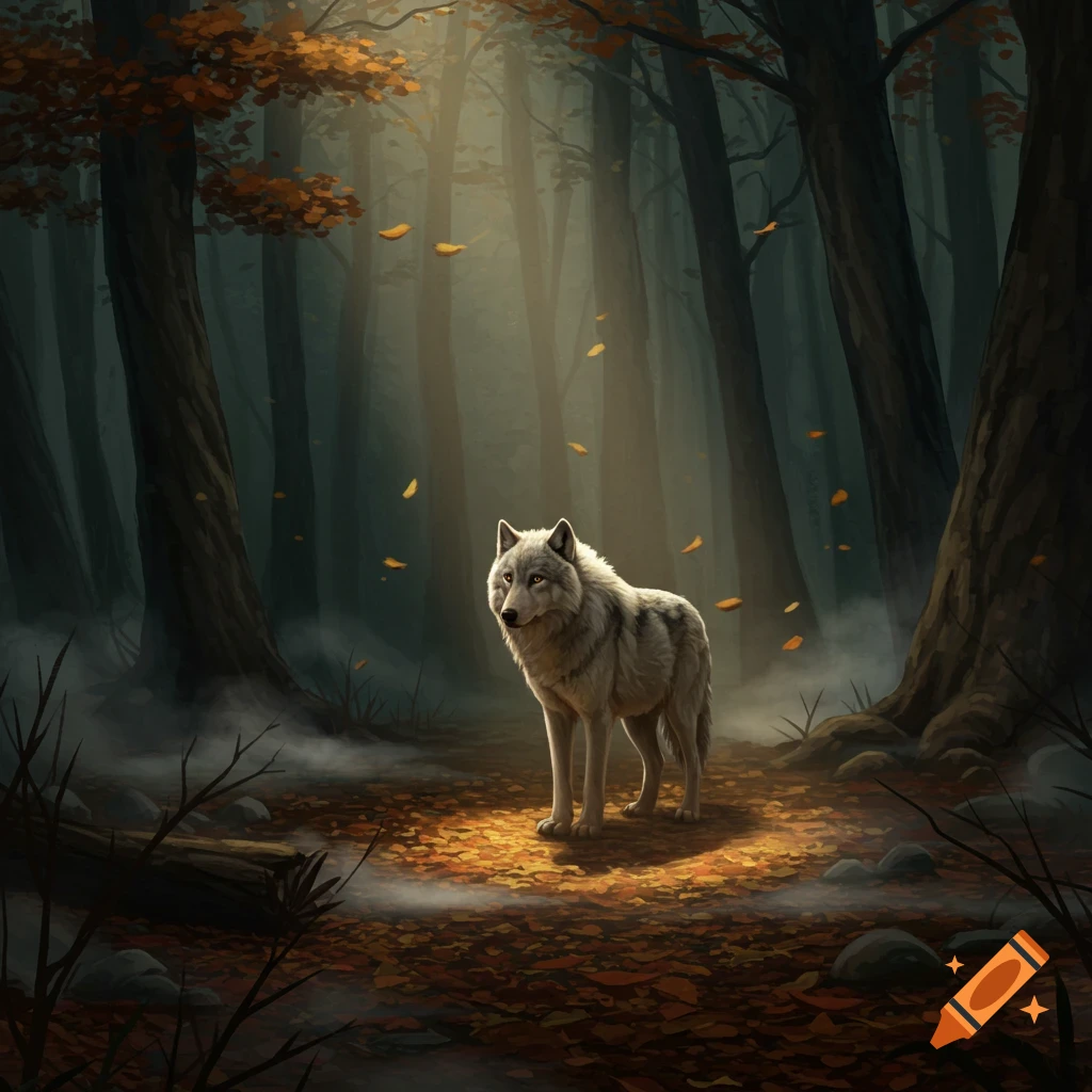 A white wolf stands in a sunlit forest clearing with autumn leaves and mist, rendered in a digital painting style.