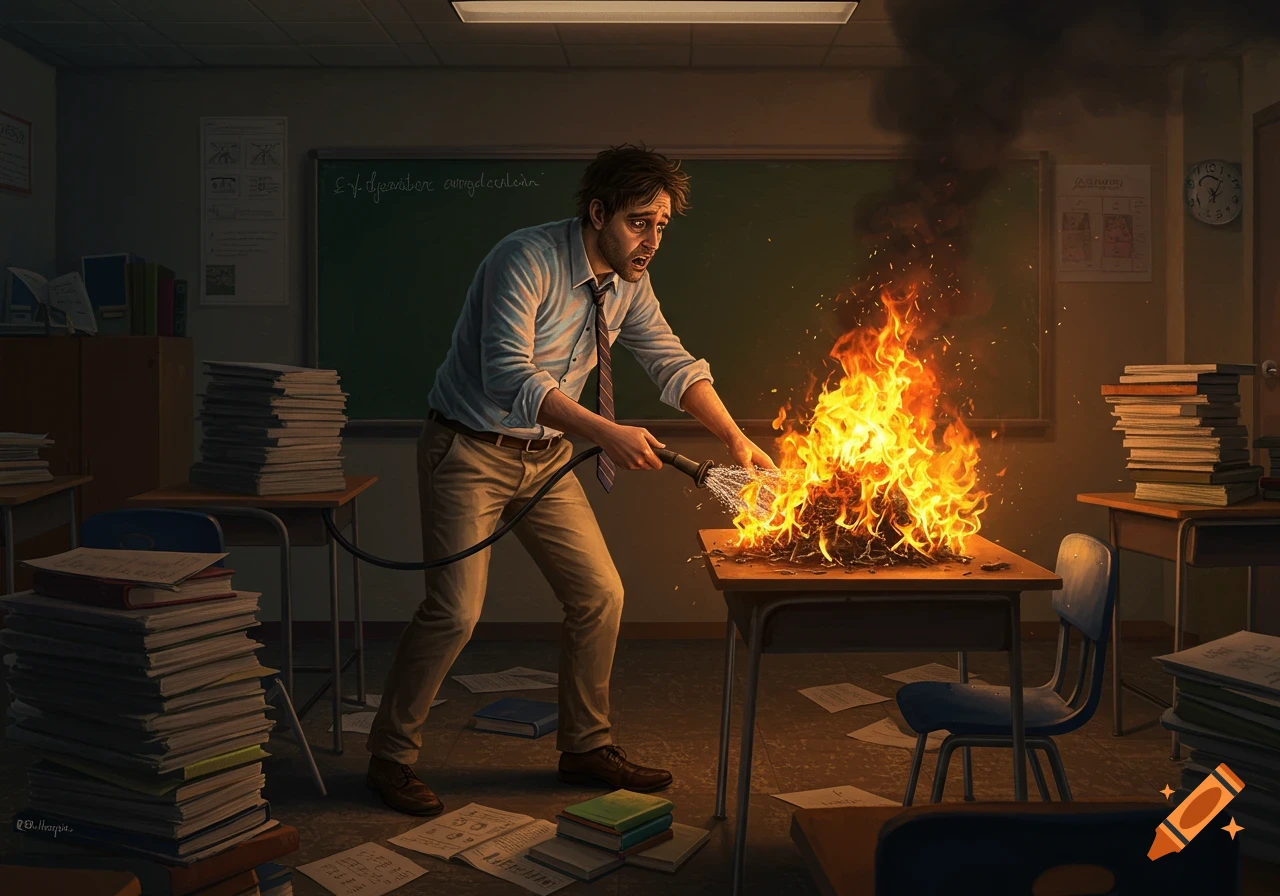 A male teacher with a distressed expression uses a hose to put out a large fire on a classroom desk, with papers scattered and smoke rising.