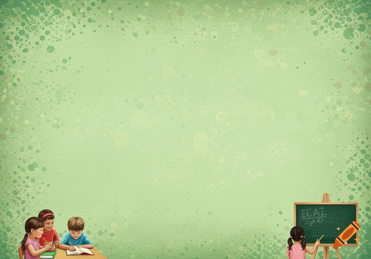 Illustration of three children studying at a desk and another child writing on a chalkboard, on a green speckled background.