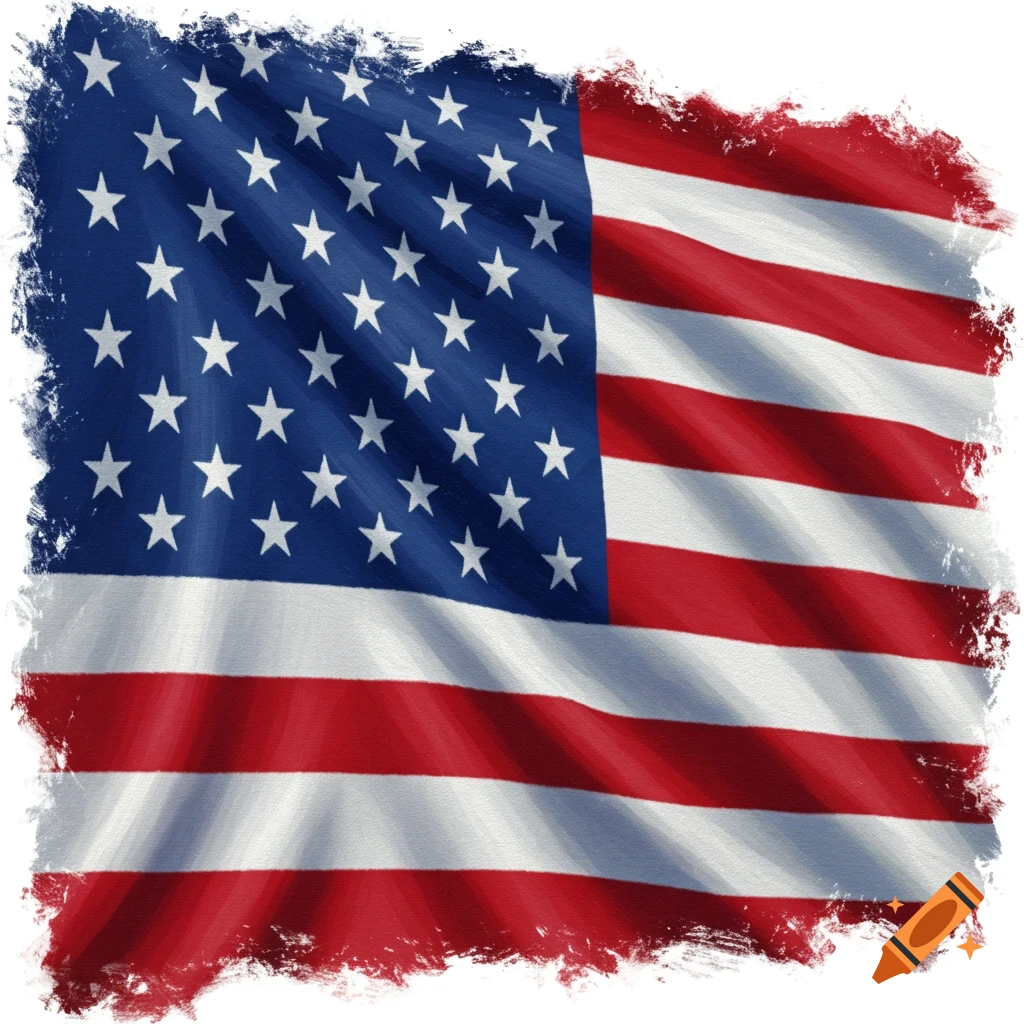 A painterly, waving American flag with a distressed, brushstroke edge, set against a white background.