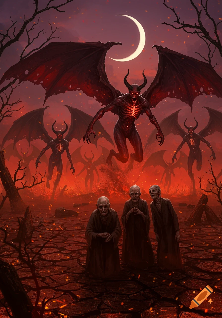 Demons with wings and horns rise from a cracked, fiery earth, while three terrified elderly people look on under a crescent moon. Dark fantasy art.