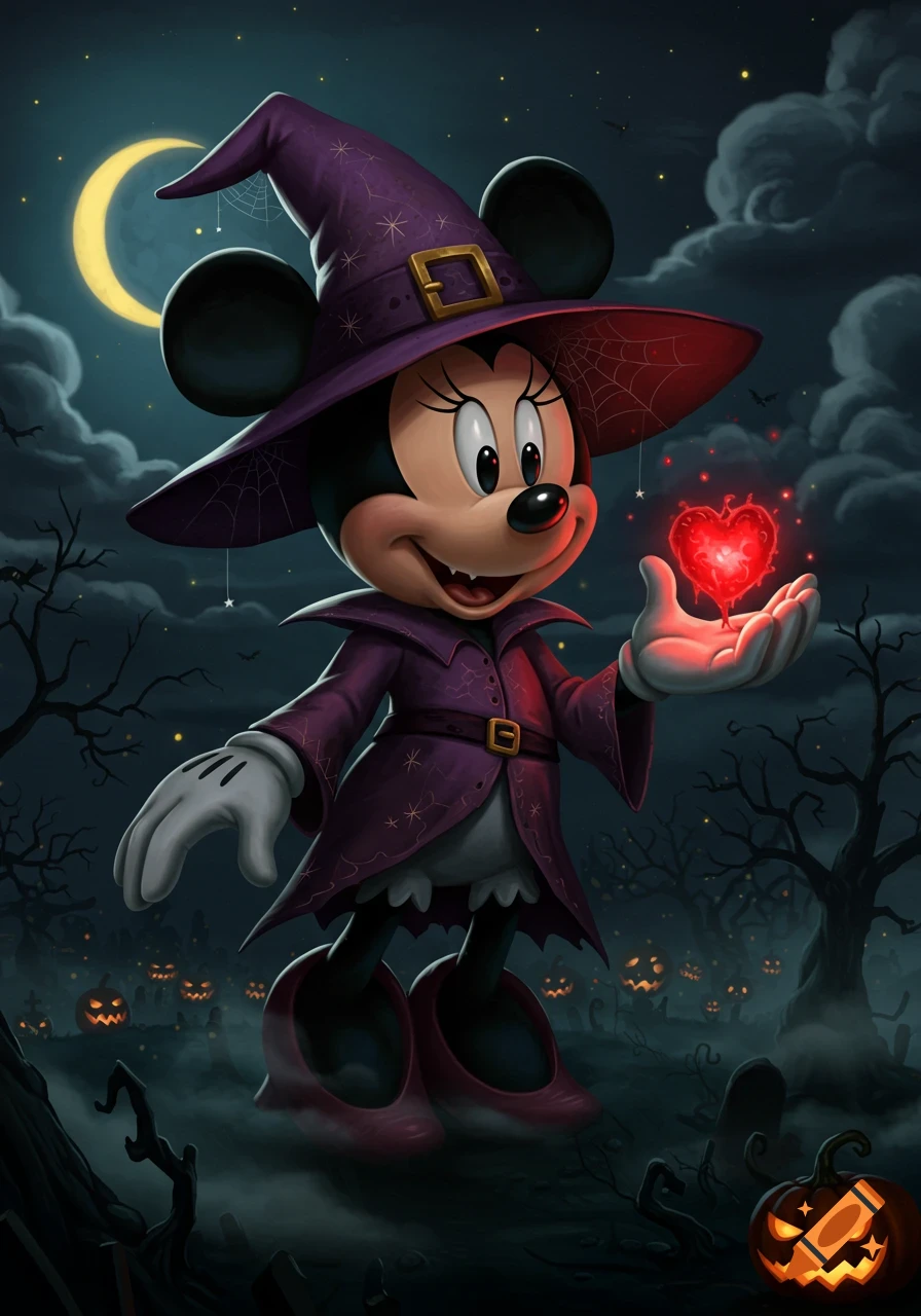 Minnie Mouse dressed as a witch, holding a glowing red heart in a spooky graveyard at night with a crescent moon.