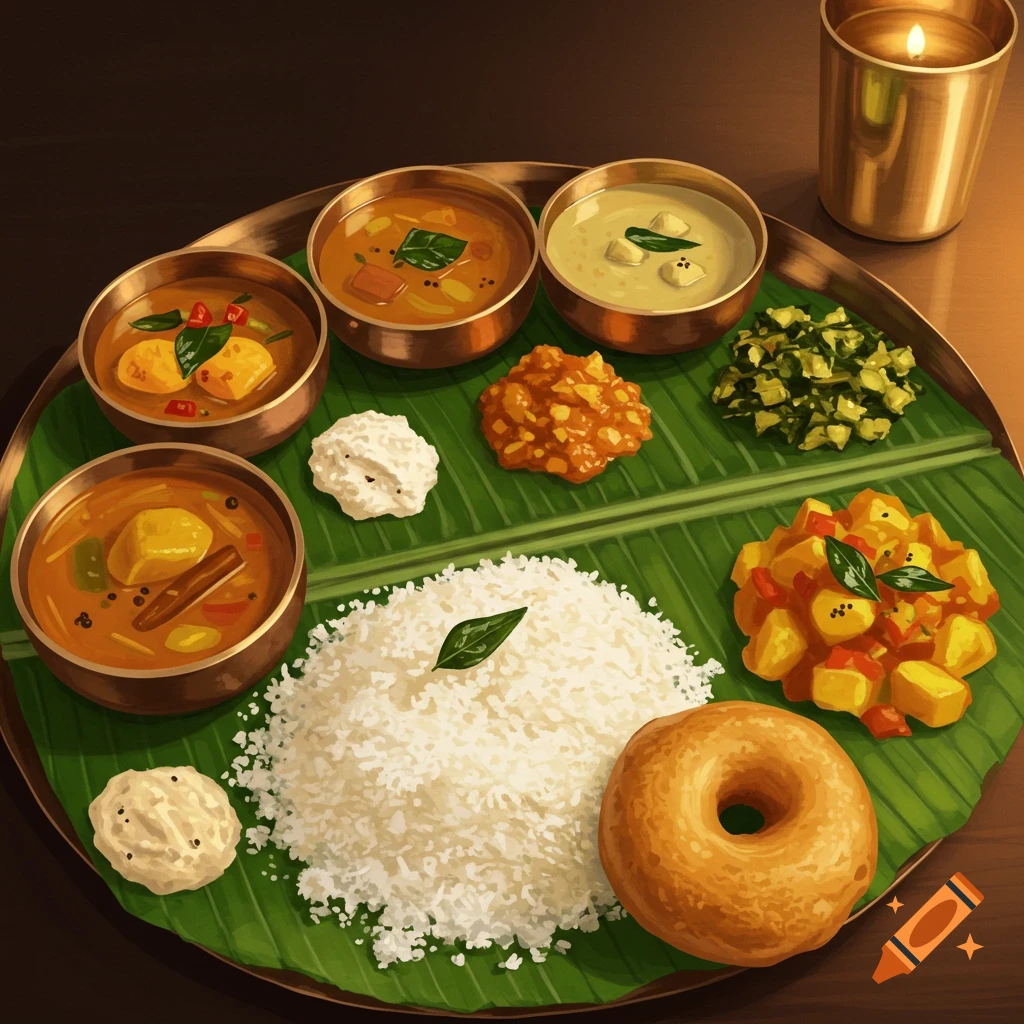 A vibrant, illustrative depiction of a Tamil Thali meal served on a banana leaf with various curries, rice, and a vada, alongside a lit candle.