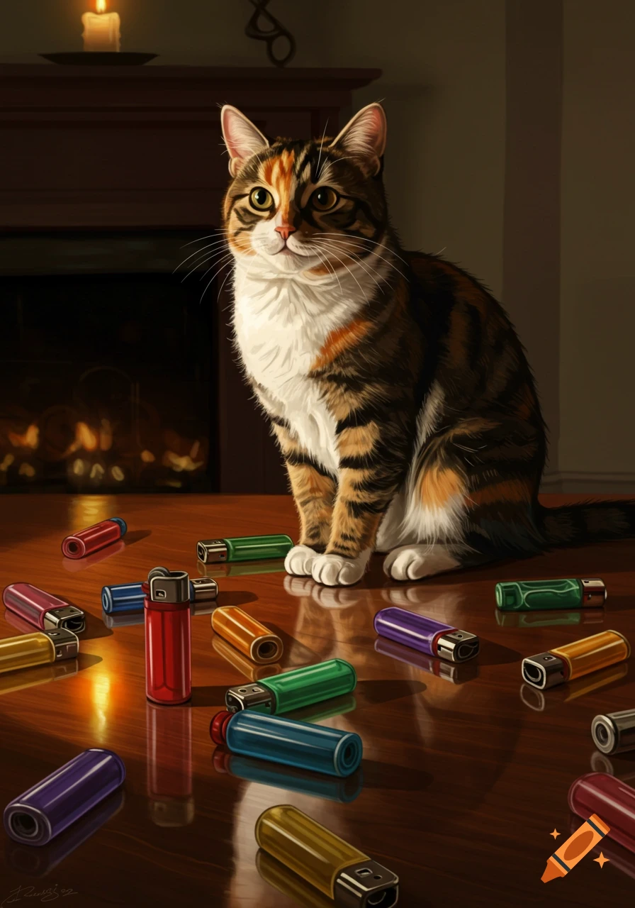 A calico cat sits on a wooden floor surrounded by colorful lighters, with a fireplace and candle in the background.