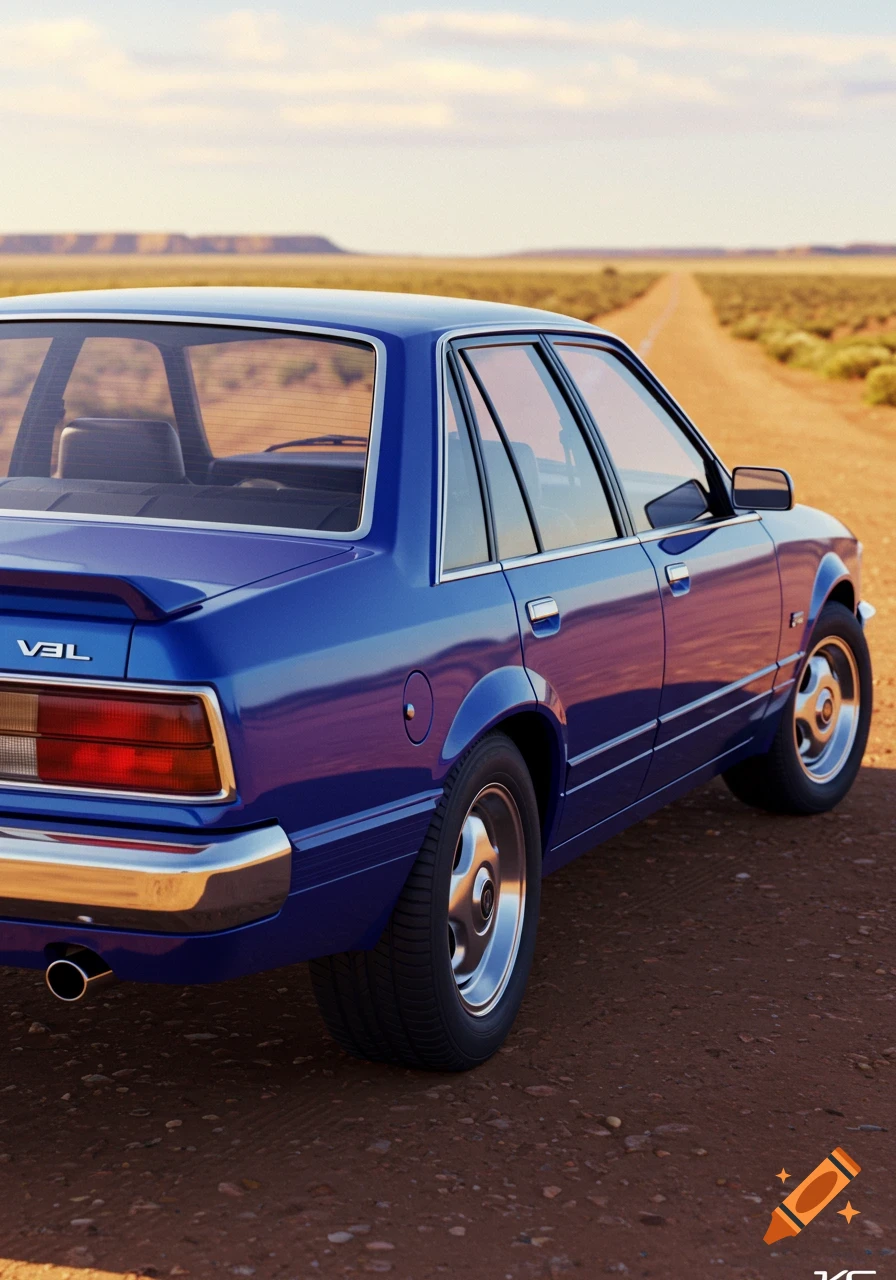 A blue Holden sedan parked on a long dirt road through a desert landscape, under a clear sky.