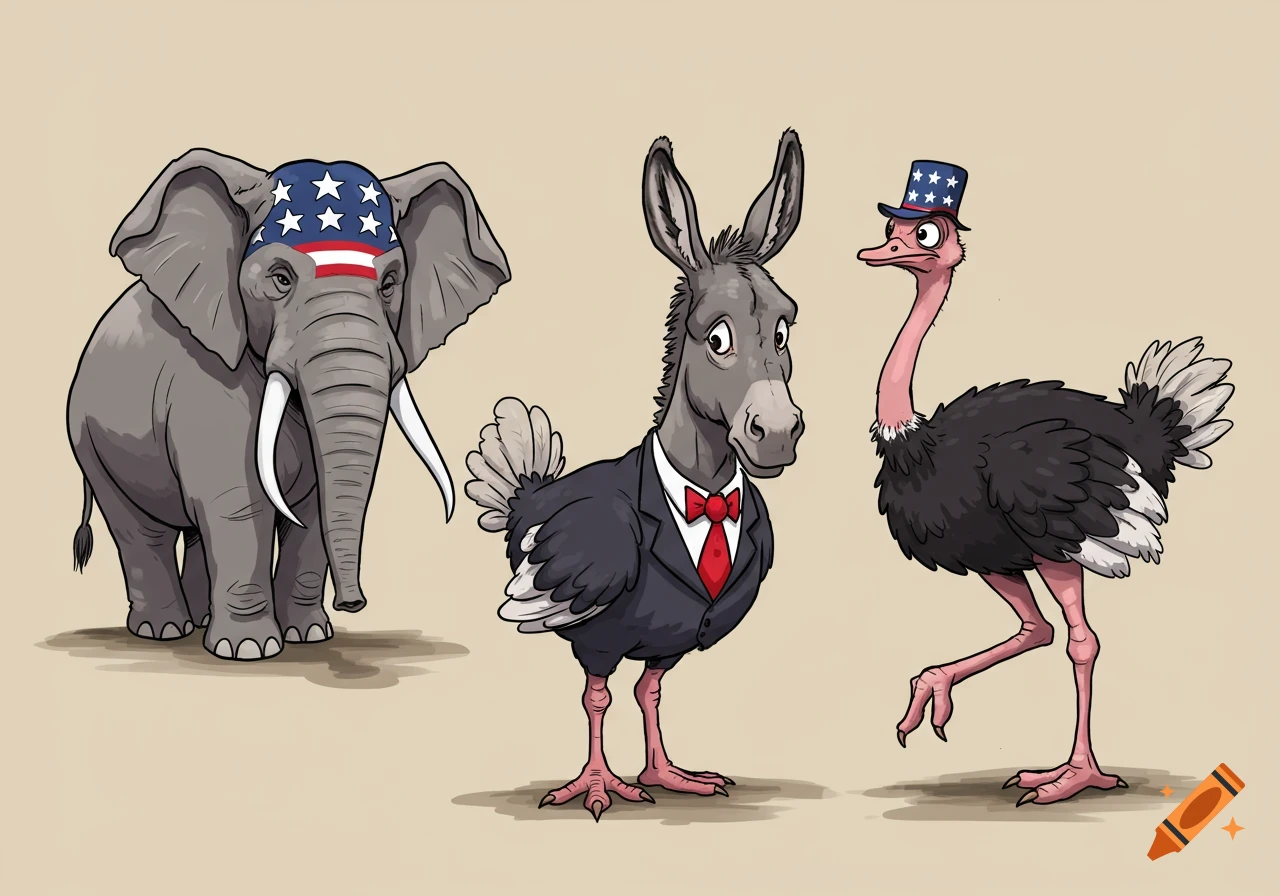 Cartoon elephant with American flag, donkey in a suit, and ostrich in a stars-and-stripes top hat.