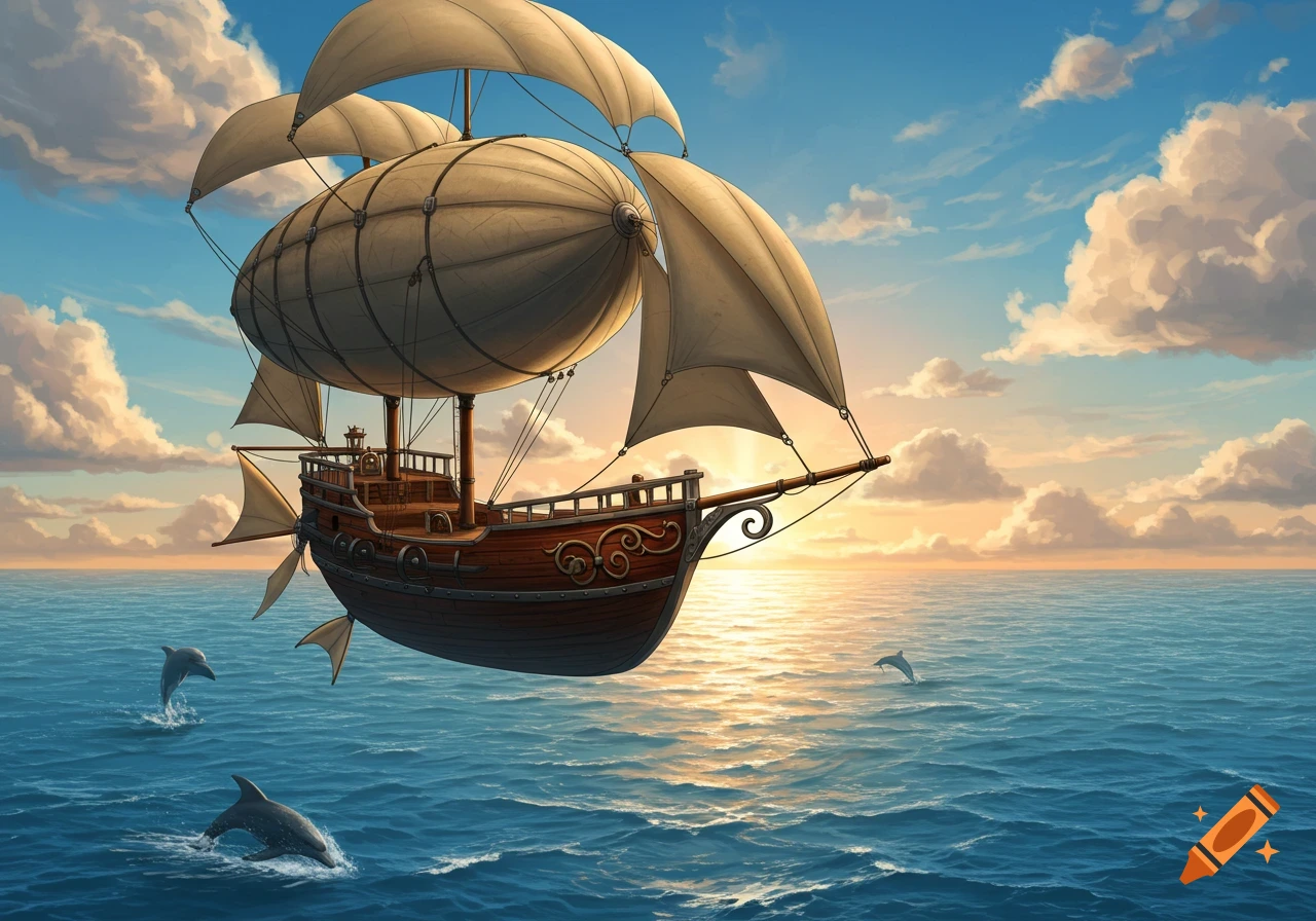 A large, rustic airship with sails flies over a blue ocean with dolphins jumping, under a partly cloudy sky.