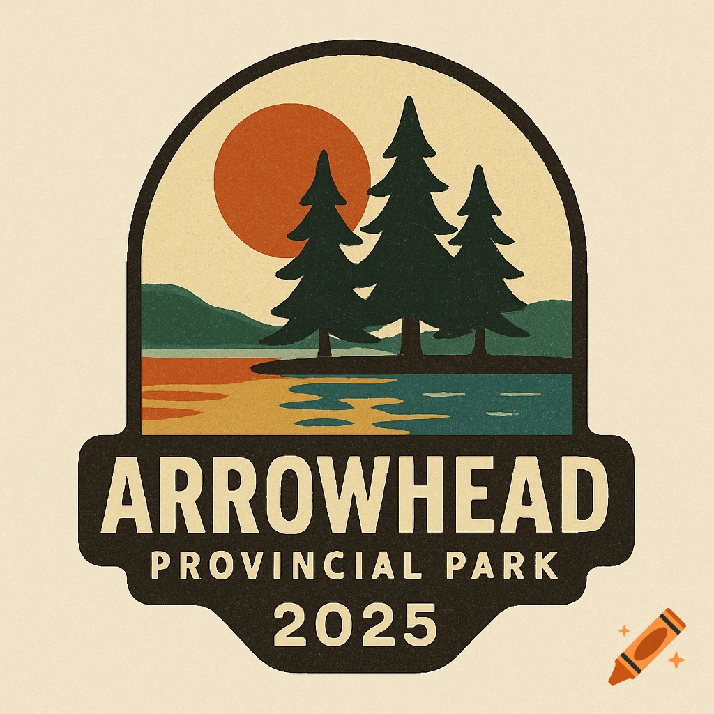 Retro logo for Arrowhead Provincial Park 2025 with pine trees, lake, mountains, and sunset in a shield shape.