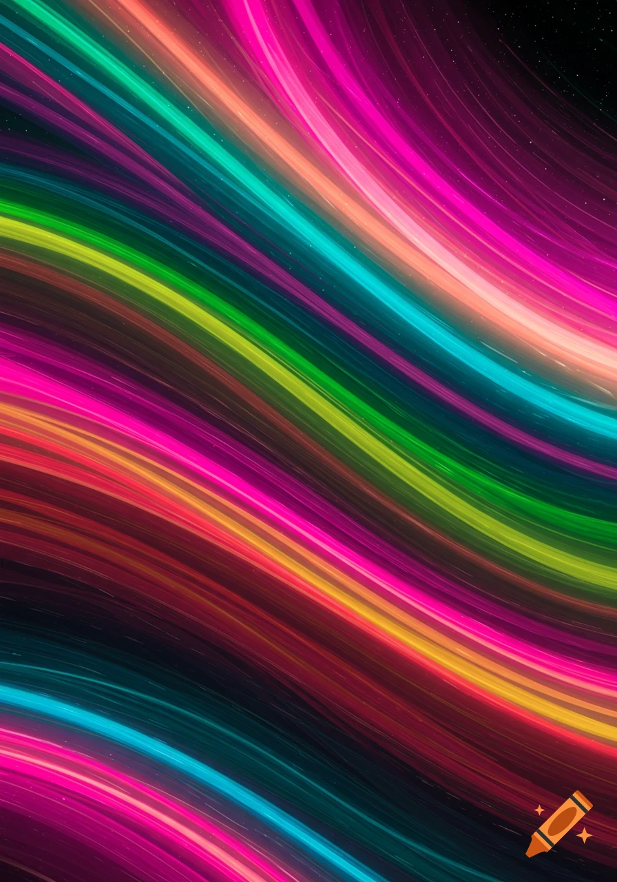 Vibrant abstract pattern of curving, layered stripes in multiple bright neon colors against a dark, subtle starry background.