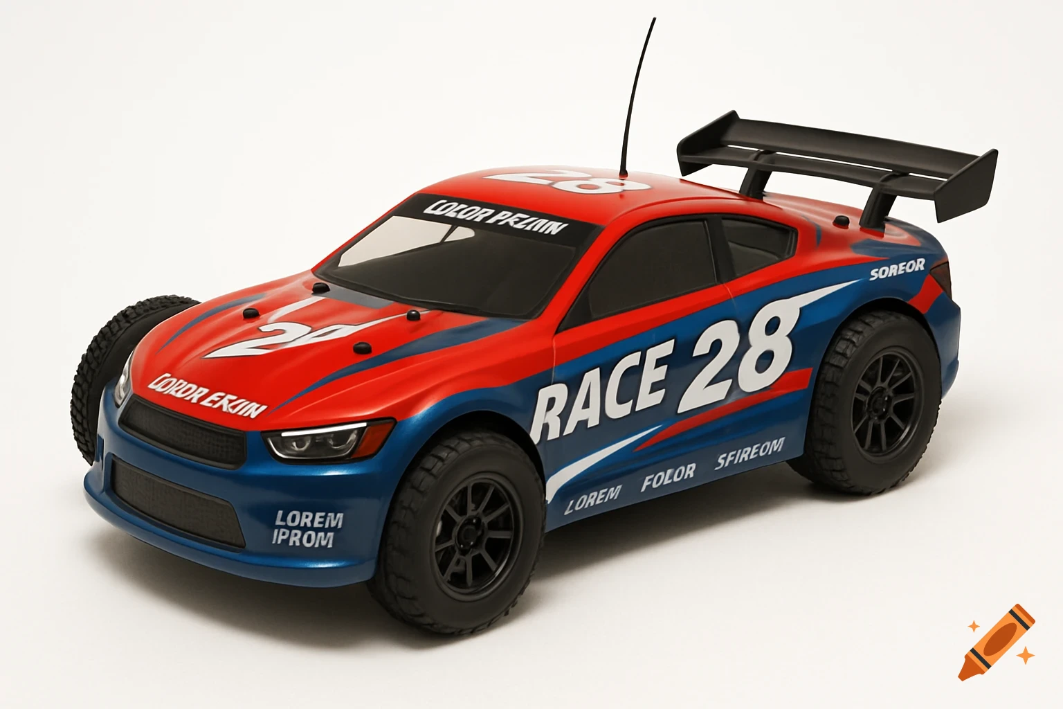 A photorealistic red and blue remote control race car with a large 'RACE 28' decal on a white background.