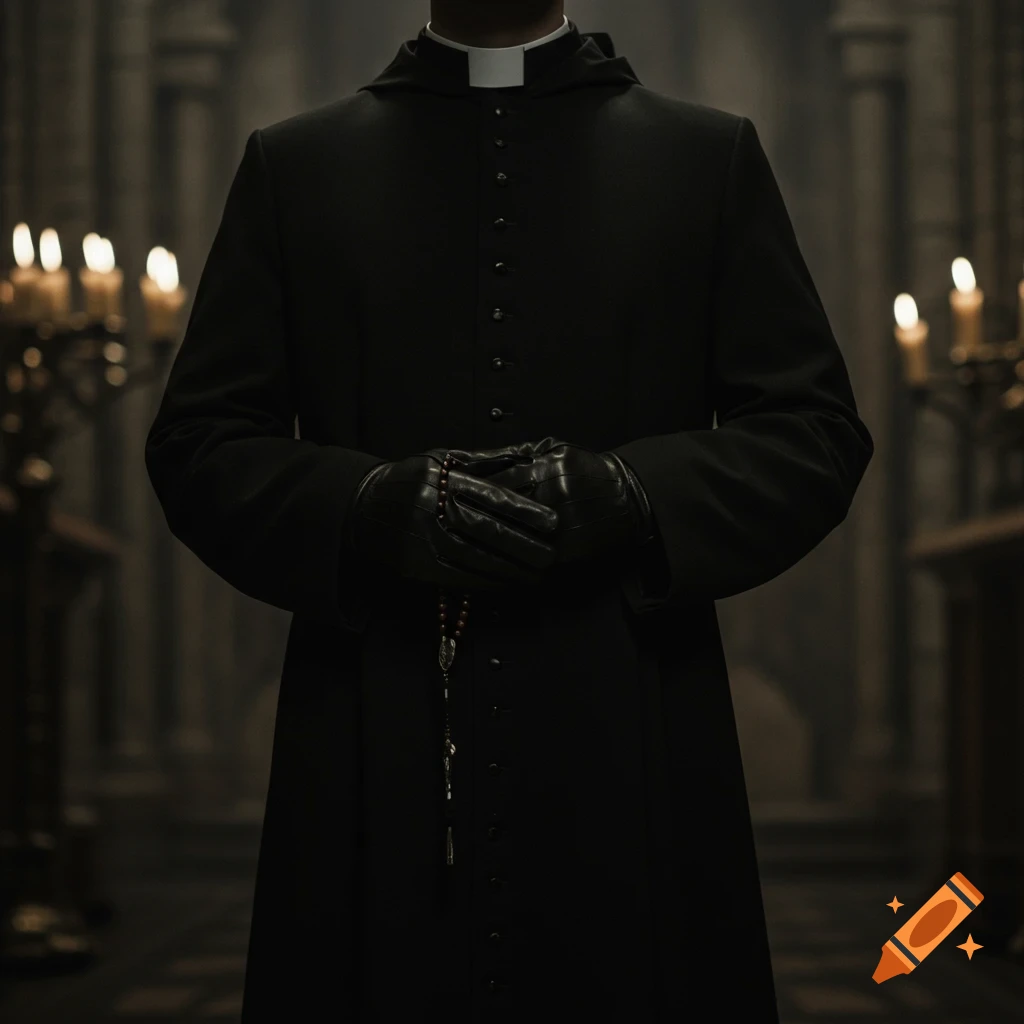 A figure in black clerical robes and leather gloves holds a rosary in a dark, candlelit church. Cinematic, realistic style.