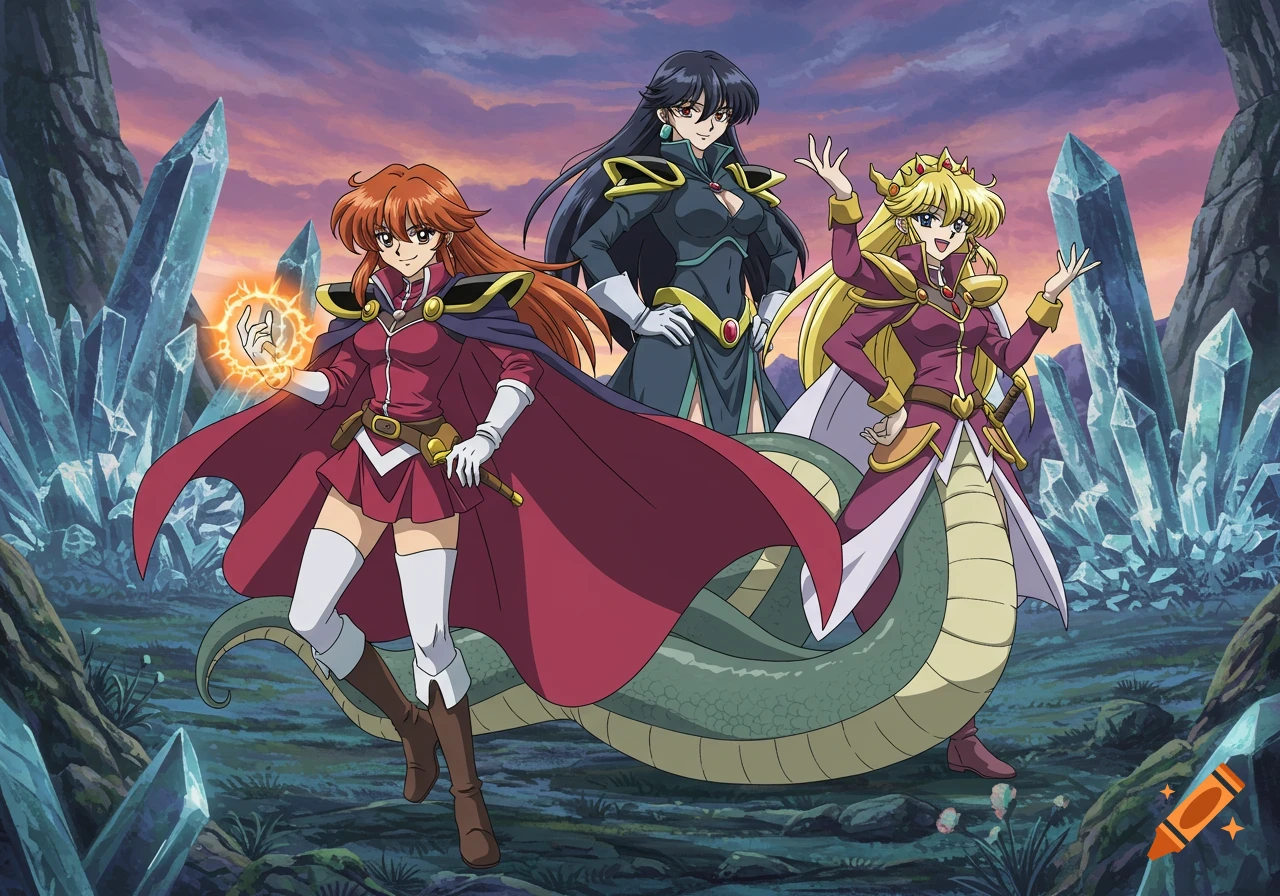 Three anime women from Slayers, including Lina Inverse casting a spell and Naga the Serpent, standing in a crystal landscape.