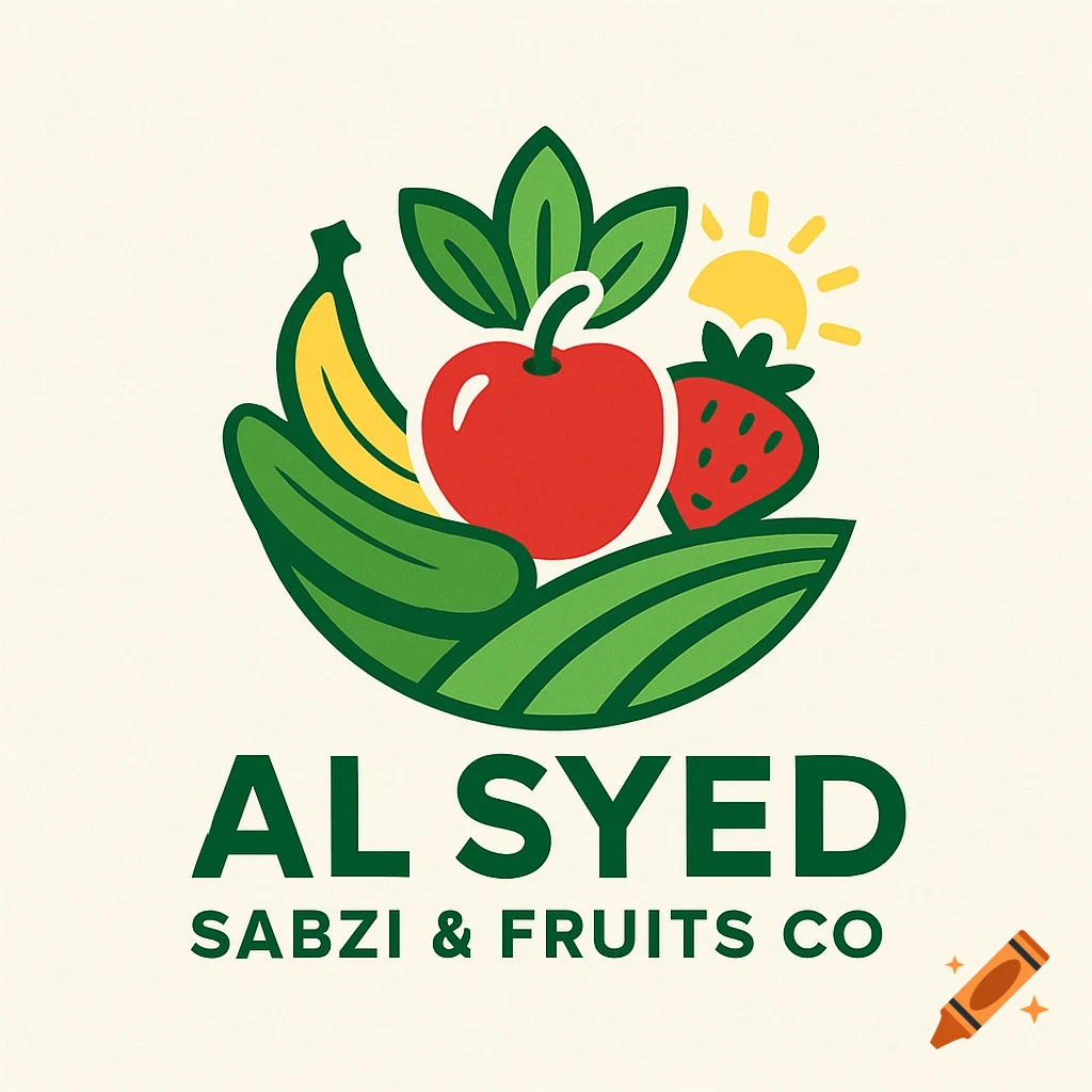 A colorful logo featuring a banana, apple, and strawberry nestled among green leaves with a small sun, above the text "AL SYED SABZI & FRUITS CO."