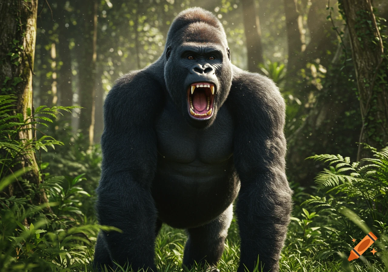 Ultra-realistic image of a powerful silverback gorilla standing and roaring in a lush green jungle.