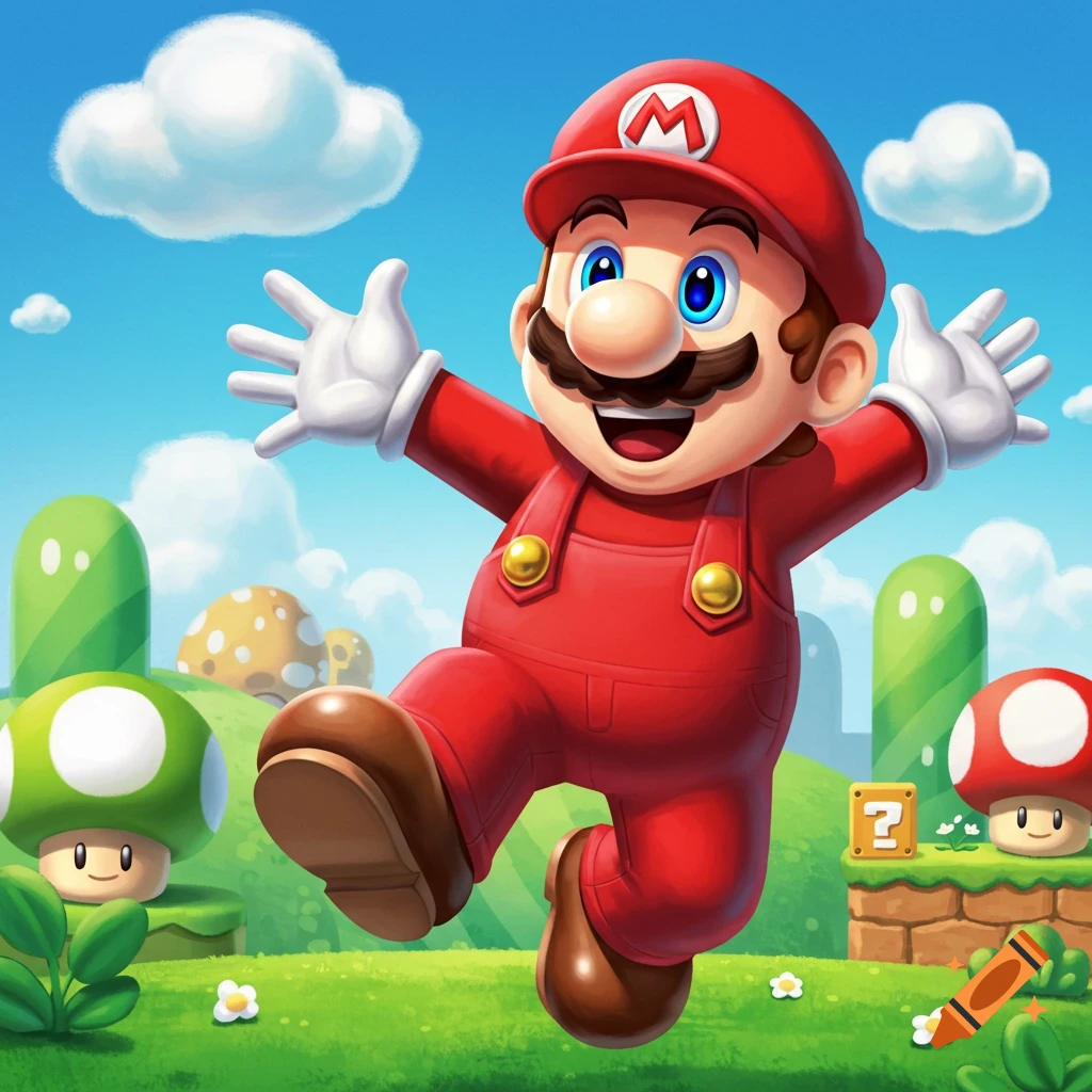 A cheerful, cartoon-style Mario jumps happily with arms outstretched in a vibrant Super Mario Bros. landscape under a blue sky.
