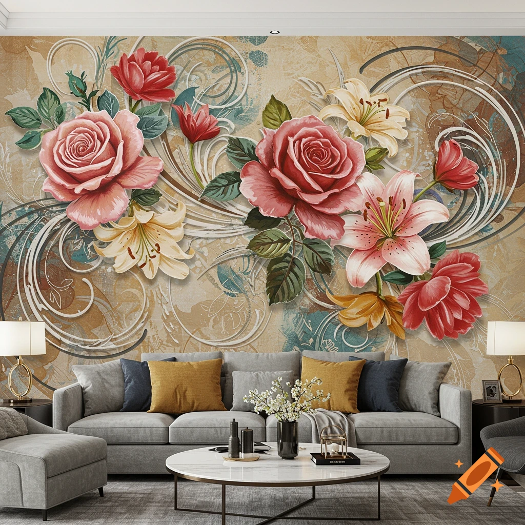 Modern living room with a grey sofa and coffee table, featuring a large photorealistic floral mural of roses and lilies on the wall.