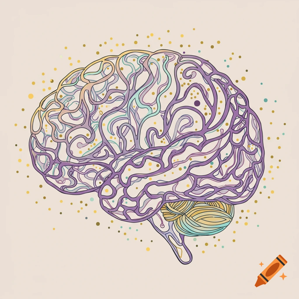 A stylized line drawing of a human brain, filled with intertwined colorful lines and surrounded by golden dots.