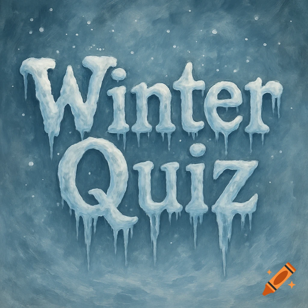 The words 'Winter Quiz' rendered in icy, snow-covered letters with dripping icicles on a blue background with snow falling.