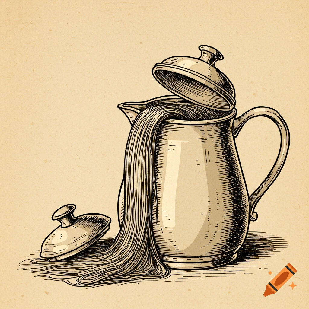 Vintage engraving style illustration of a jug with its lid partially open, as long strands of hair flow out and pool on the surface below.