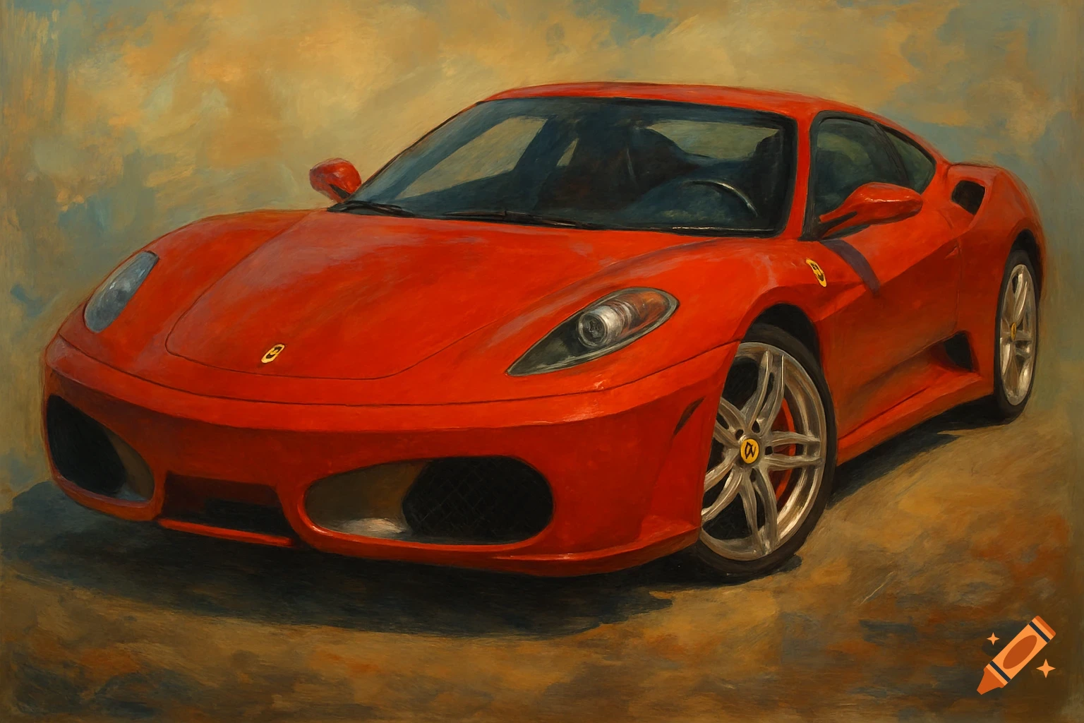 An oil painting of a red Ferrari car viewed from the front three-quarters.