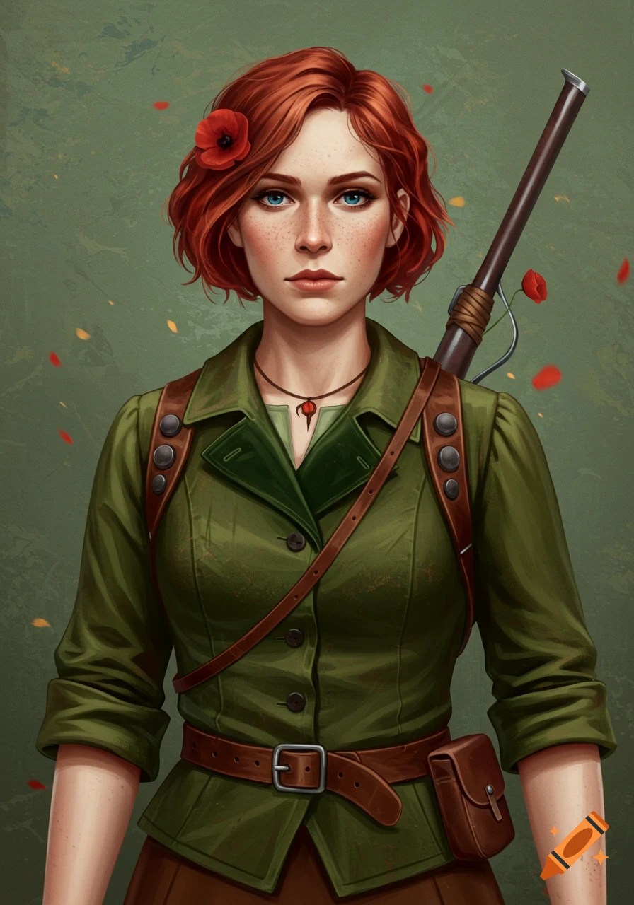 Portrait of a woman with red hair and freckles in a green 1900s rustic hunting outfit with a rifle and poppy.