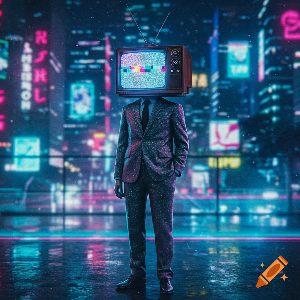 A man in a speckled suit with a retro TV for a head stands on a wet street at night, surrounded by blurred neon city lights.