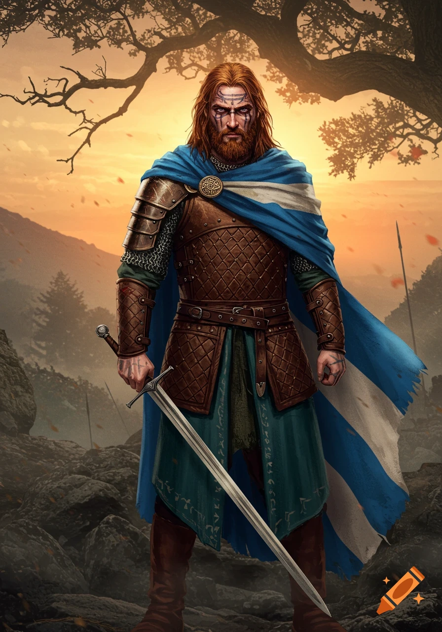 A red-haired Celtic warrior with a beard and facial markings stands in armor holding a sword, wearing a blue and white cape in a sunset landscape.