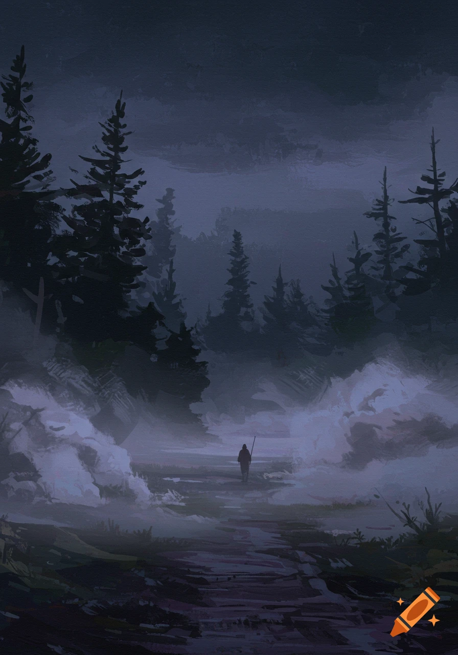 A lone figure walks with a staff through a dark, misty forest at dusk, in a digital painting style.