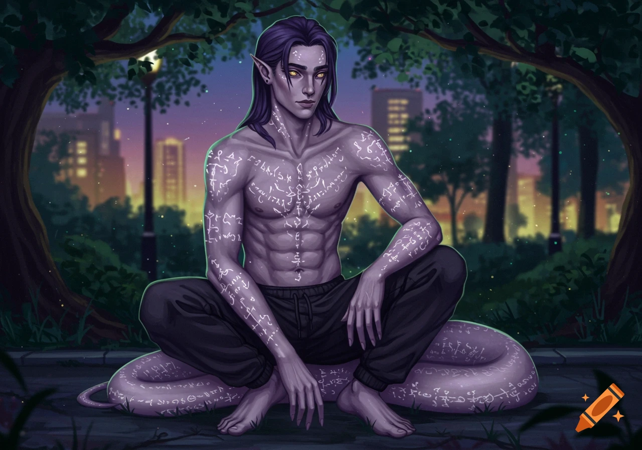 A purple-haired male humanoid with glowing, unreadable tattoos on his body and snake-like lower half sits in a park at dusk.