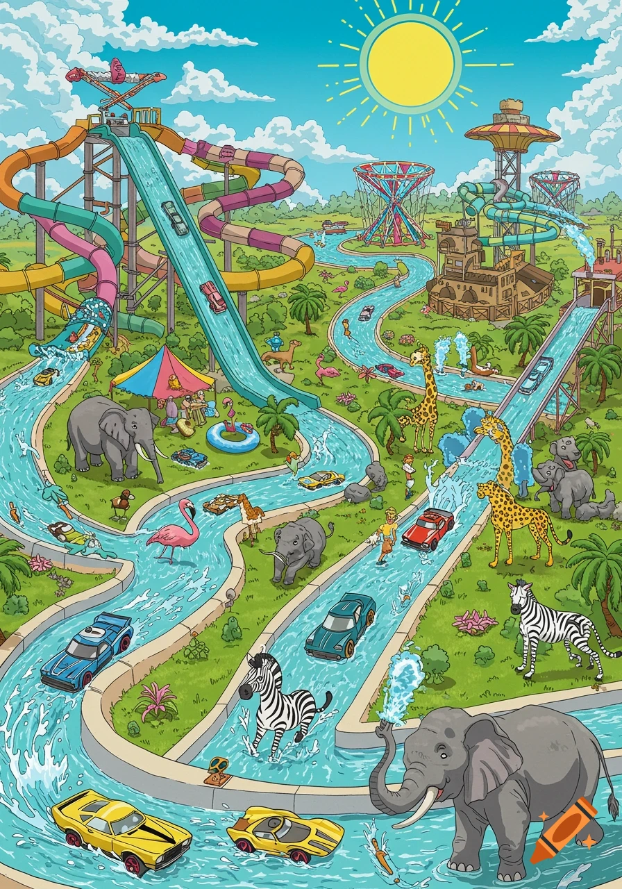 A vibrant cartoon waterpark with colorful slides, a winding river, and various zoo animals like elephants, zebras, and giraffes playing alongside cars in the water.