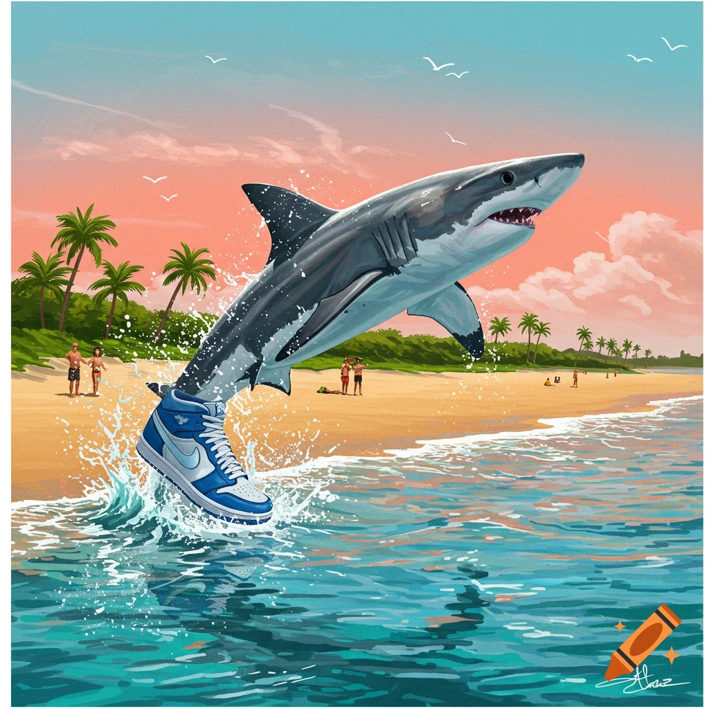 A stylized illustration of a shark leaping out of ocean water at a beach, wearing a blue and white Nike sneaker. Palm trees and people are on the sandy beach under a colorful sky.