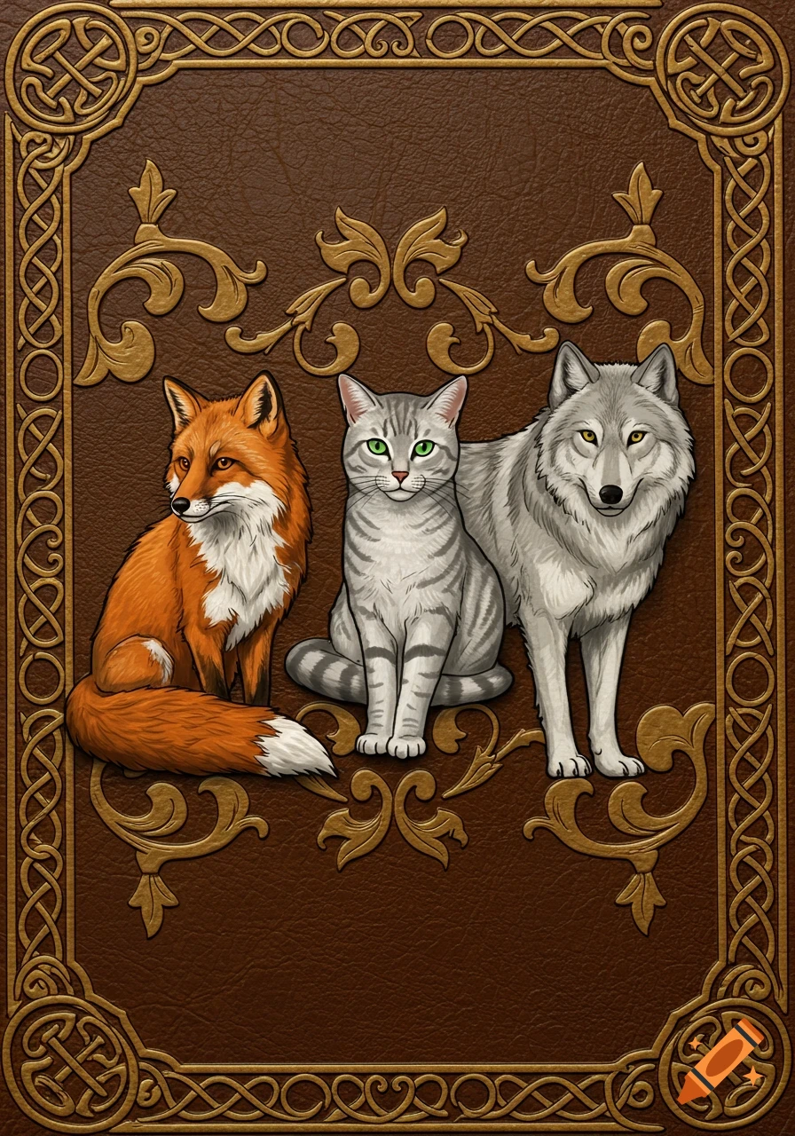 A stylized illustration of a fox, a grey tabby cat, and a grey wolf on a brown book cover with gold celtic knot designs.